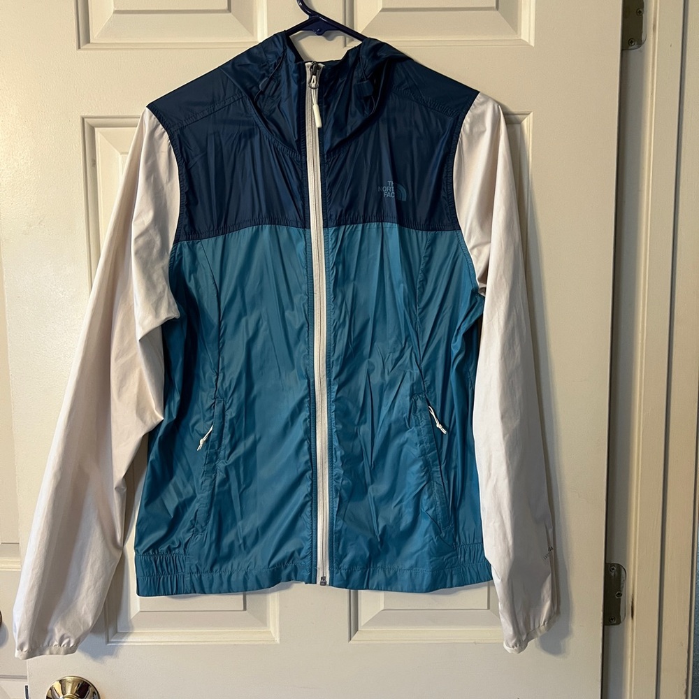 Women's North Face packable Blue and White hooded Jacket